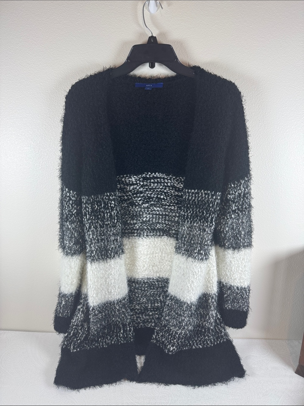 Apt. 9 Black, White & Gray Striped Fuzzy Open-Front Cardigan